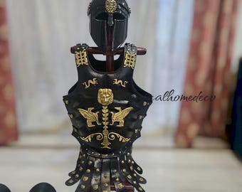 Armatura muscolare in pelle dell'antica Grecia corinzia, composta da corazza, elmo, gamba e protezione per braccia, per costume di Halloween, replica SCA LARP di Dungeons & Dragons.