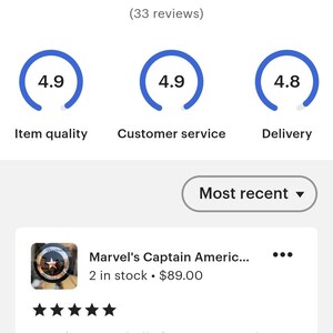 May include: A five-star review for a product with a 4.9 out of 5 star rating. The product is described as "Marvel's Captain America..." and is priced at &pound;89.00. The review reads "Grandson was thrilled. Very nice quality!!!" and is attributed to "Ila Simmons. 10 Nov".