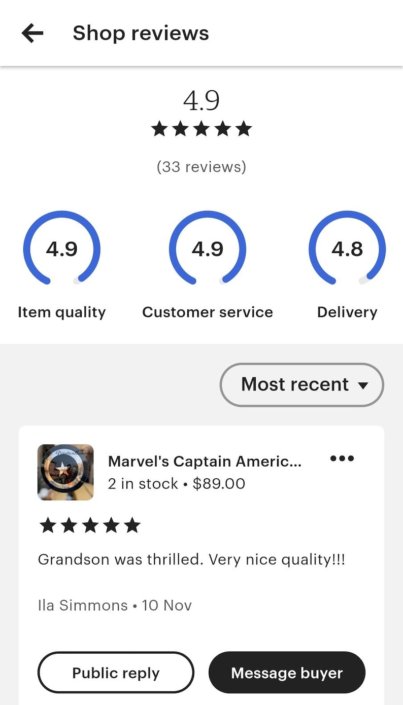 May include: A five-star review for a product with a 4.9 out of 5 star rating. The product is described as "Marvel's Captain America..." and is priced at &pound;89.00. The review reads "Grandson was thrilled. Very nice quality!!!" and is attributed to "Ila Simmons. 10 Nov".