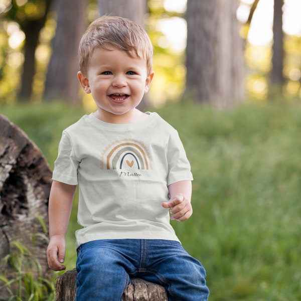 Namensshirt, Baby T-Shirt mit Regenbogen, Boho Rainbow, 9 verschiedene zur Auswahl, Bio Baumwolle, Fairtrade, Oeko-Tex, vegan