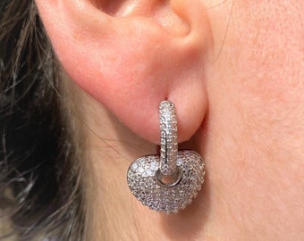 Silver Zircon Bulky Heart Hoop Earrings Delicate and Elegant