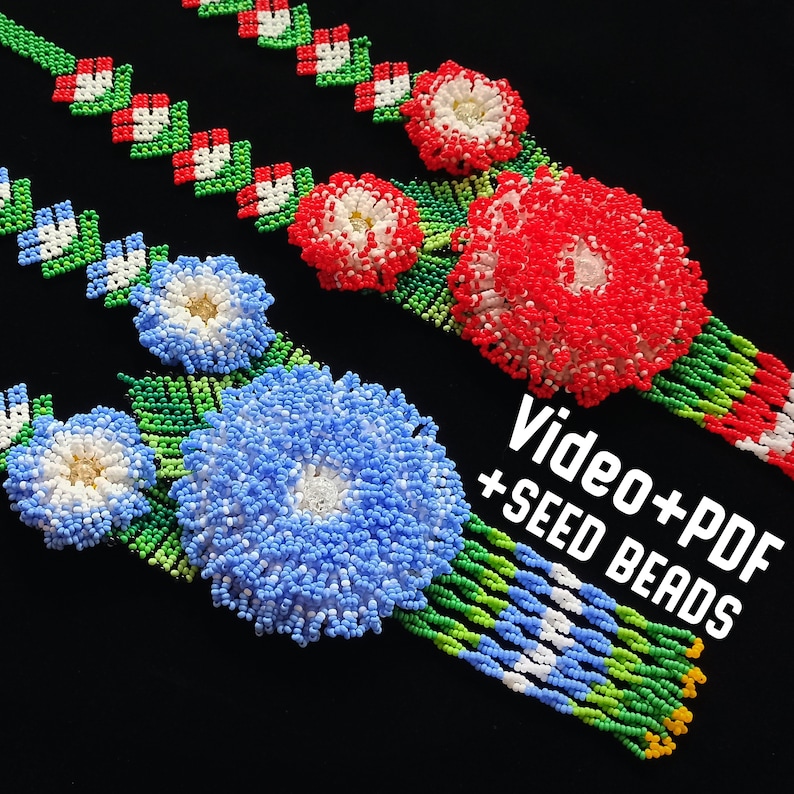 BEADING KIT Video Seed beads PDF Tutorial Master class on beading necklace Huichol flower \u00abSunset\u00bb