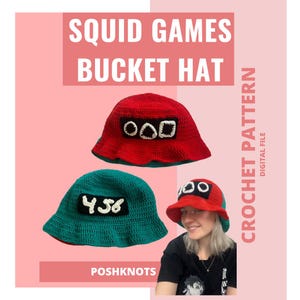 May include: A crochet pattern for a red and green bucket hat with a Squid Game symbol on the front. The pattern is available as a digital download. The text "Squid Games Bucket Hat Crochet Pattern Digital File" is on the right side of the image.