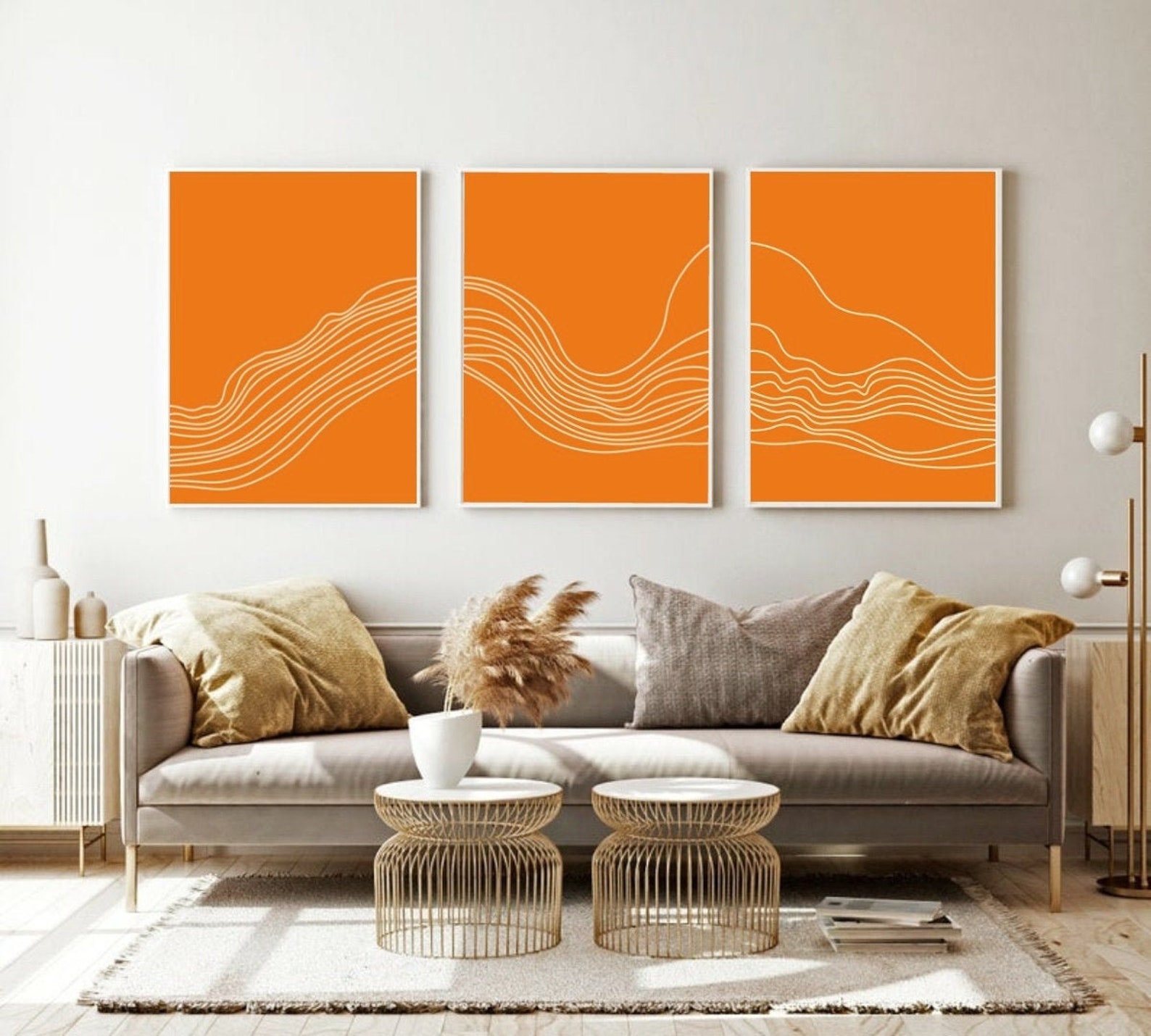 Set of 3 Wall Art Line Art Orange Wall Art Minimalist Etsy