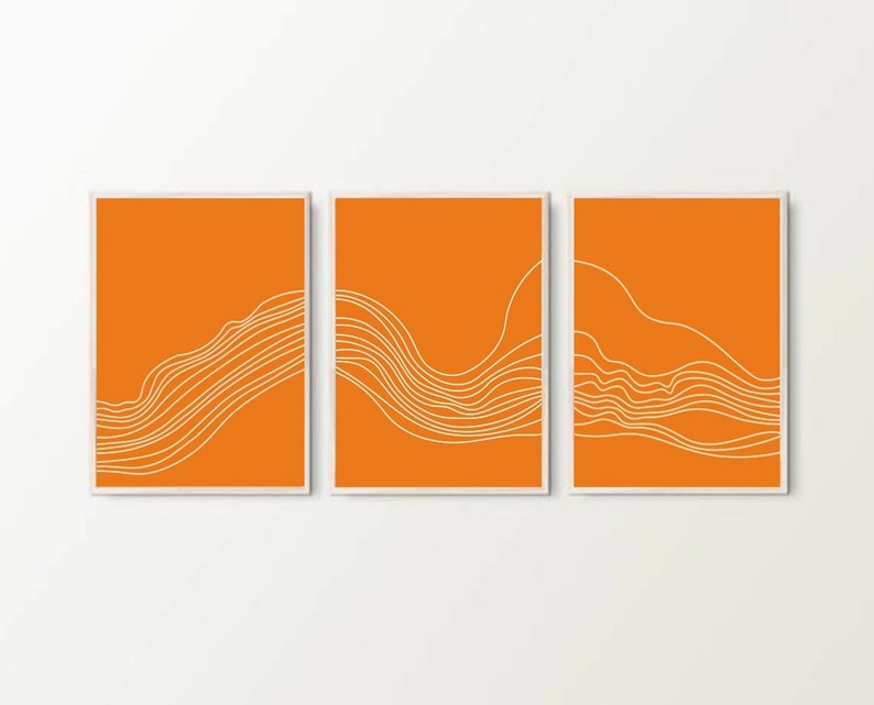 Set of 3 Wall Art Line Art Orange Wall Art Minimalist Etsy