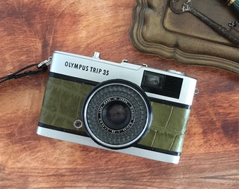 Refurbished Olympus Trip 35 Film Camera: Matcha Green Croc-embossed Leather, Film Included , 1-Yr Warranty