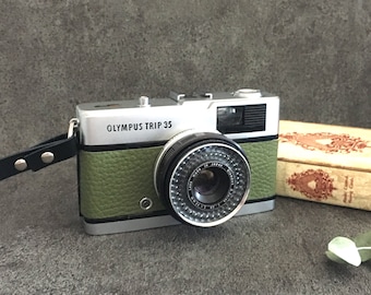 Vintage Olympus Trip 35, Refurbished 35mm Film Camera: Matcha Green Leather, Film Included
