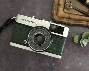 Olympus Trip 35 Vintage 35mm Film Camera | Lizard Embossed Green Leather | Fully Refurbished and Tested | Original Lens Cap & Hand Strap