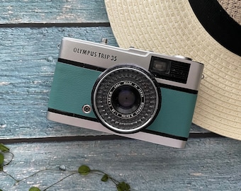 Olympus Trip 35  Vintage 35mm Film Camera |  Blue Green Vegan Leather  |  Fully Refurbished and Tested |Lens Cap & Hand Strap