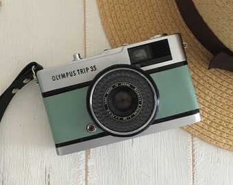 Olympus Trip 35 Vintage 35mm Film Camera | Opal Green Smooth Leather |  Fully Refurbished and Tested | Lens Cap & Hand Strap