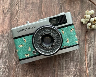 Olympus Trip35 vintage 35mm Film Camera |  Green Cat Pattern Leather | Fully Refurbished and Tested | Lens Cap & Hand Strap