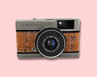Olympus Trip 35 vintage filmcamera | Klassieke 35 mm-filmcamera | Oranje leer met tweedpatroon | Gerenoveerd en getest | Film inbegrepen