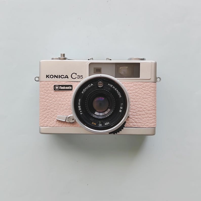 Konica C35 Rangefinder Film Camera | Refurbished & Tested in Japan | Kodak Film Included | Hexanon 38mm Lens | Pale Pink Leather image 1