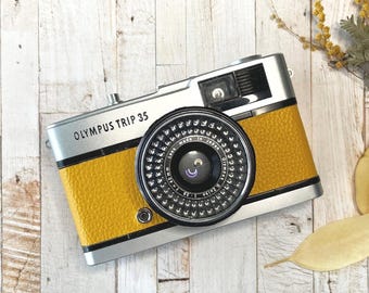 Olympus Trip 35-filmcamera | Vintage 35 mm compact | Volledig gerenoveerd en getest in Japan | Mosterdgeel | Inclusief Kodak-film