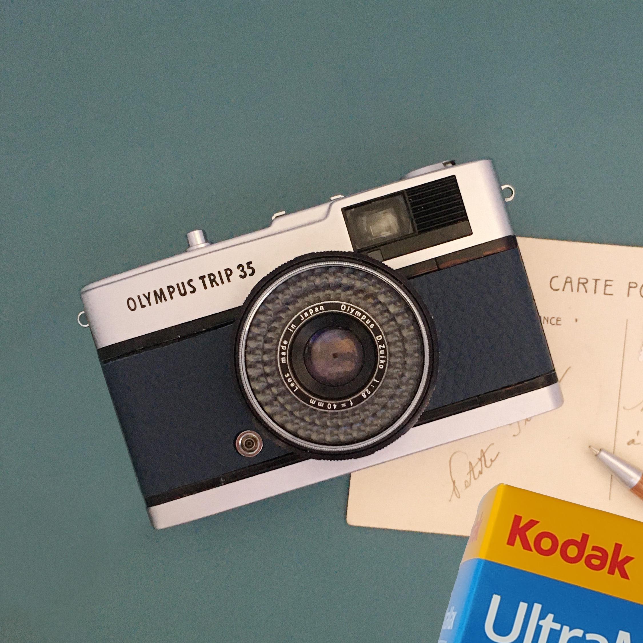 Refurbished Olympus Trip 35, Vintage 35mm Film Camera: Oriental Blue Leather, Film Included