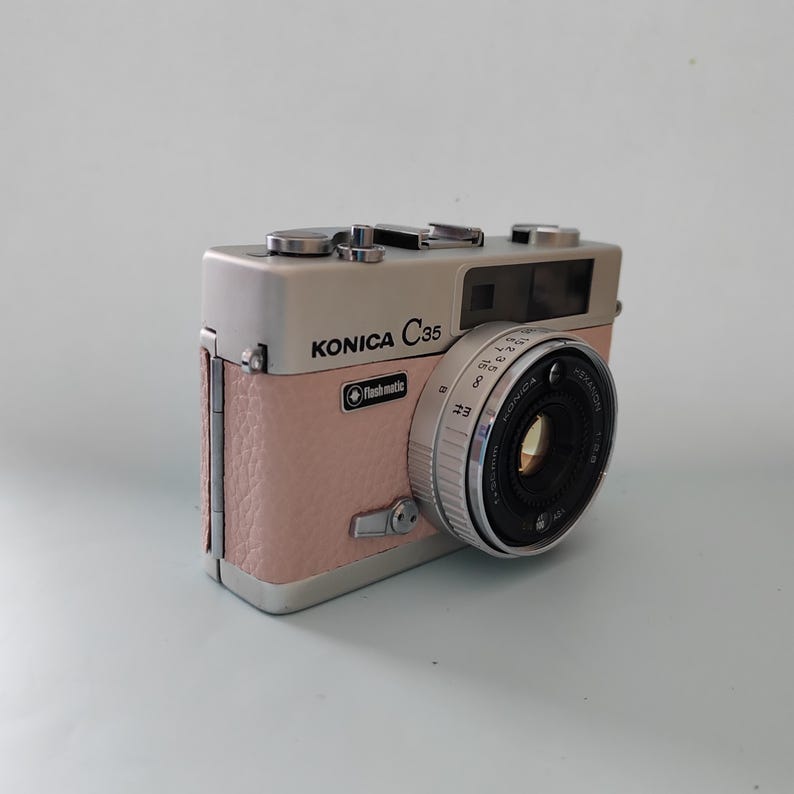 Konica C35 Rangefinder Film Camera | Refurbished & Tested in Japan | Kodak Film Included | Hexanon 38mm Lens | Pale Pink Leather image 2
