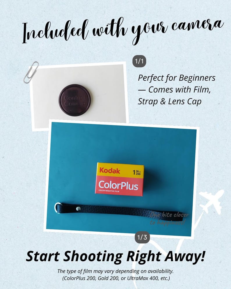 Contrail Film Camera - Accessories included: lens cap, hand strap, and 35mm film with Trip 35 camera