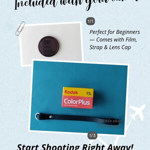 Contrail Film Camera - Accessories included: lens cap, hand strap, and 35mm film with Trip 35 camera