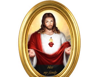 Vintage Golden Oval Frame: Sacred Heart of Jesus Porcelain Image, Customizable Religious Decor