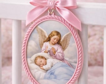 Guardian Angel Crib Medallion – Handmade Ceramic Baby Blessing with Italian Cordonerie