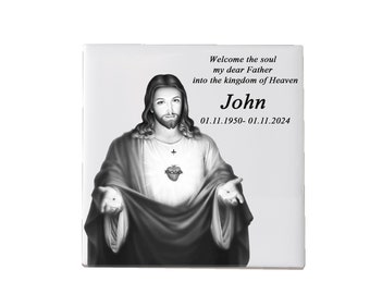 Personalized Ceramic Headstone Plaque: Sacred Heart of Jesus, Christian Memorial