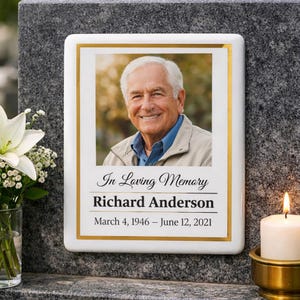 Gold Trim Memorial Plaque with Photo & Text – Rectangular Porcelain for Cemetery. Free Preview