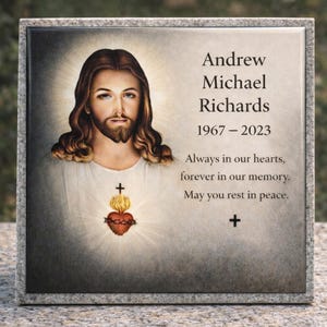 Personalized Ceramic Memorial Tile with Jesus – Catholic Headstone Plaque with Name and Dedication
