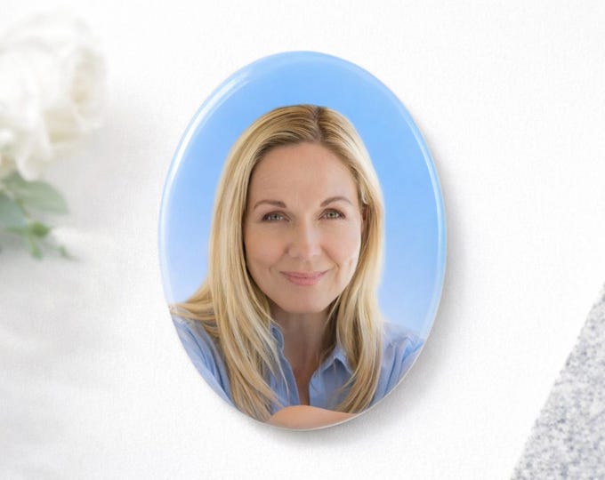 Featured listing image: Oval Ceramic Memorial Photo for Headstone – Porcelain Cemetery Portrait with Proof Approval.No fading