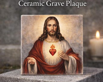 Sacred Heart Jesus Memorial Plaque Outdoor Ceramic Grave Marker Catholic Headstone Tile