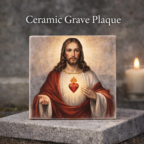 Sacred Heart Jesus Memorial Plaque Outdoor Ceramic Grave Marker
