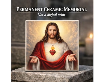 Sacred Heart of Jesus Ceramic Tile – Religious Porcelain Plaque for Grave, Headstone or Memorial