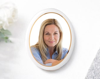 Photo Headstone Oval Porcelain Plaque with Gold Trim – Ceramic Memorial Picture for Gravestone, Outdoor & Weatherproof