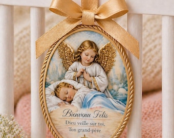 Guardian Angel Crib Medallion – Handmade Ceramic Baby Blessing with Italian Cordonerie
