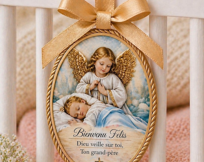 Featured listing image: Guardian Angel Crib Medallion – Handmade Ceramic Baby Blessing with Italian Cordonerie