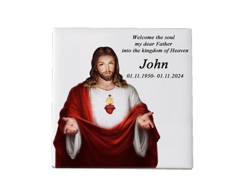 Ceramic Catholic Headstone - Christian Stone Memorial - Religious Tomb Art - Sacred Heart of Jesus ceramic tile