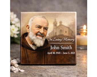 Personalized Padre Pio Ceramic Memorial Tile – Catholic Headstone Plaque with Name and Dates