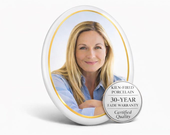 Featured listing image: Photo Headstone Oval Porcelain Plaque with Gold Trim – Ceramic Memorial Picture for Gravestone, Outdoor & Weatherproof