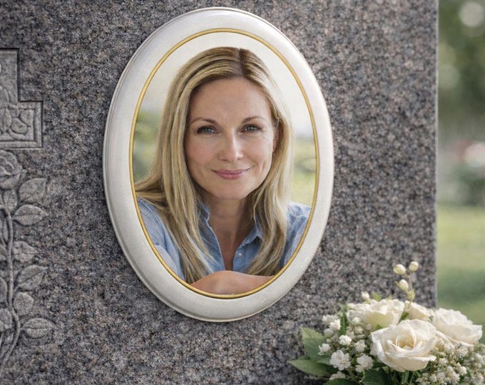 Featured listing image: Photo Headstone Oval Porcelain Plaque with Gold Trim – Ceramic Memorial Picture for Gravestone, Outdoor & Weatherproof