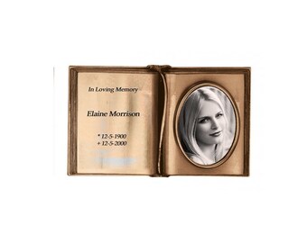 Engraved Bronze Memorial Book - Outdoor memorial plaque with picture - Ground Installation for grave - Oval ceramic photo included