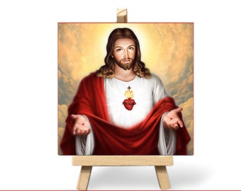 Sacred Heart of Jesus Ceramic Tile Plaque: Catholic Headstone Decor