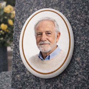 Könnte beinhalten: Ovale Gedenktafel mit einem Porträt eines älteren Mannes mit weißem Bart und grauem Haar. Das Porträt ist in Weiß mit einem dünnen braunen Rand gerahmt. Die Tafel ist auf einer grauen Granitoberfläche angebracht.
