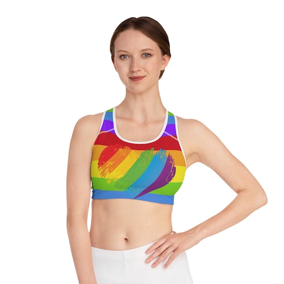 Rainbow Striped Sports Bra, Vertical Stripe Women's Padded Fitness Bra-Made  in USA/EU