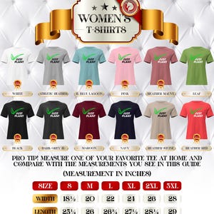 May include: A display of Women's T-shirts in various colors, each featuring the text "JUST PLANT" with a green leaf design. The shirts are available in sizes S to 3XL, with measurements in inches.