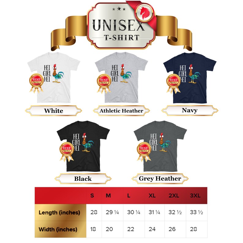 Puede incluir: Camiseta unisex con un gallo de dibujos animados con el texto "Hei Girl Hei" y una insignia de "Mejor Elecci&oacute;n". La camiseta est&aacute; disponible en blanco, gris jaspeado, azul marino, negro y gris jaspeado. Una tabla de tallas muestra la longitud y el ancho en pulgadas para las tallas S a 3XL.