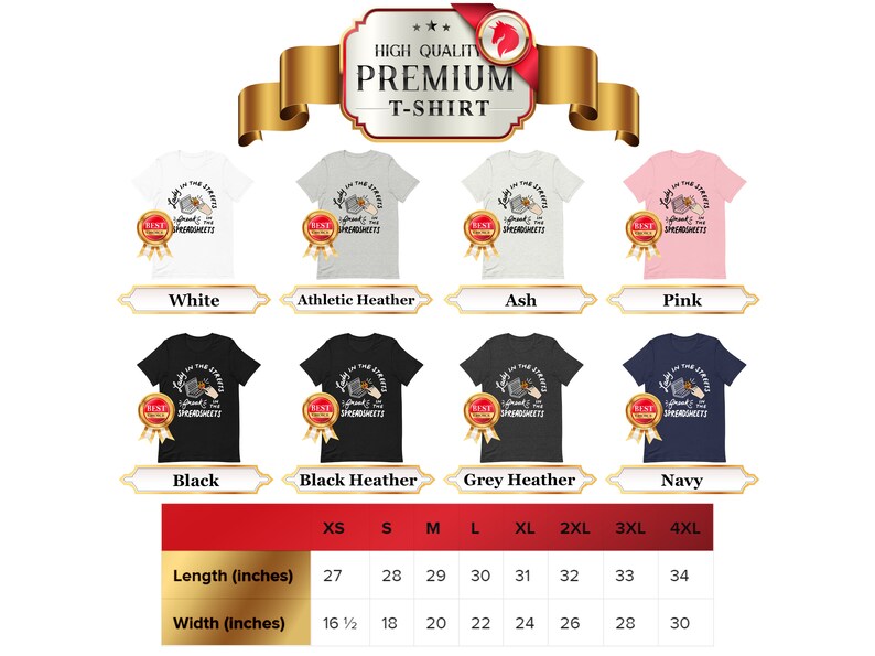 May include: A chart showing the different colors and sizes available for a t-shirt featuring the text "Light on the Streets, Spread the Spaghetti". The chart shows the t-shirt in white, athletic heather, ash, pink, black, black heather, grey heather, and navy. The chart also shows the size options: XS, S, M, L, XL, 2XL, 3XL, and 4XL. The chart also shows the length and width of the t-shirt in inches.