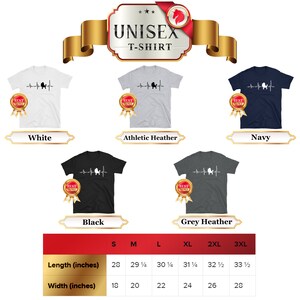 May include: Unisex t-shirt featuring a black silhouette of a dog with a heartbeat line. The shirt is available in white, athletic heather, navy, black, and grey heather. The size chart shows the length and width in inches for sizes S, M, L, XL, 2XL, and 3XL.