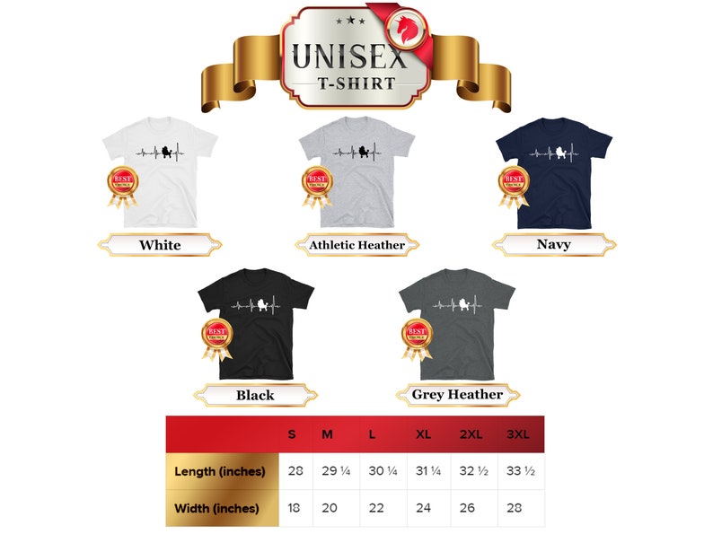 May include: Unisex t-shirt featuring a black silhouette of a dog with a heartbeat line. The shirt is available in white, athletic heather, navy, black, and grey heather. The size chart shows the length and width in inches for sizes S, M, L, XL, 2XL, and 3XL.