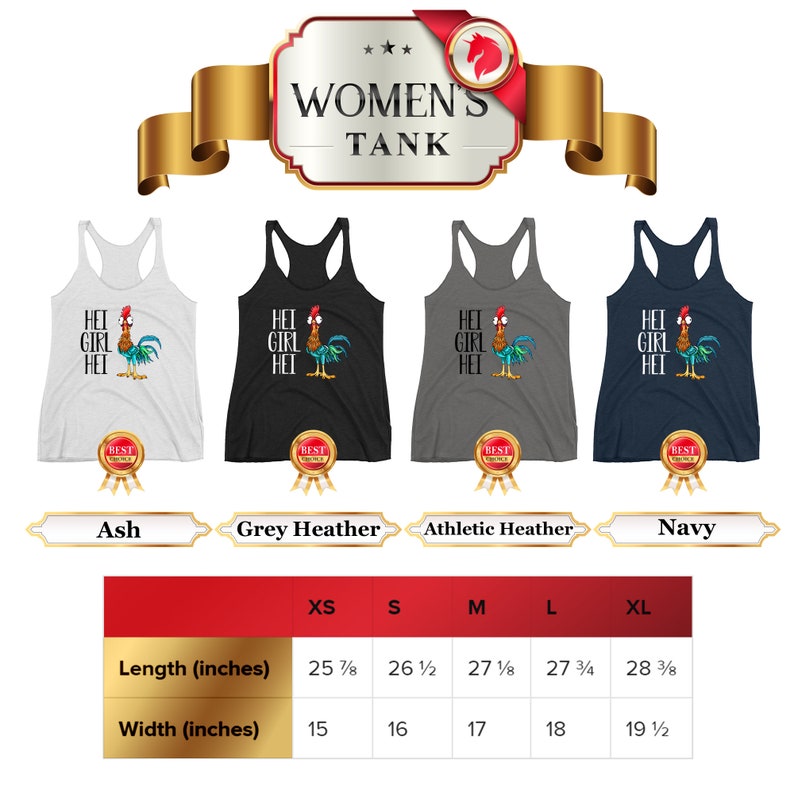 Puede incluir: Una tabla de tallas para una camiseta sin mangas con cuatro opciones de color: ceniza, gris jaspeado, gris jaspeado atl&eacute;tico y azul marino. La camiseta sin mangas presenta un gr&aacute;fico de gallo con el texto "Hei Girl Hei". La tabla de tallas muestra la longitud y el ancho en pulgadas para las tallas XS, S, M, L y XL.