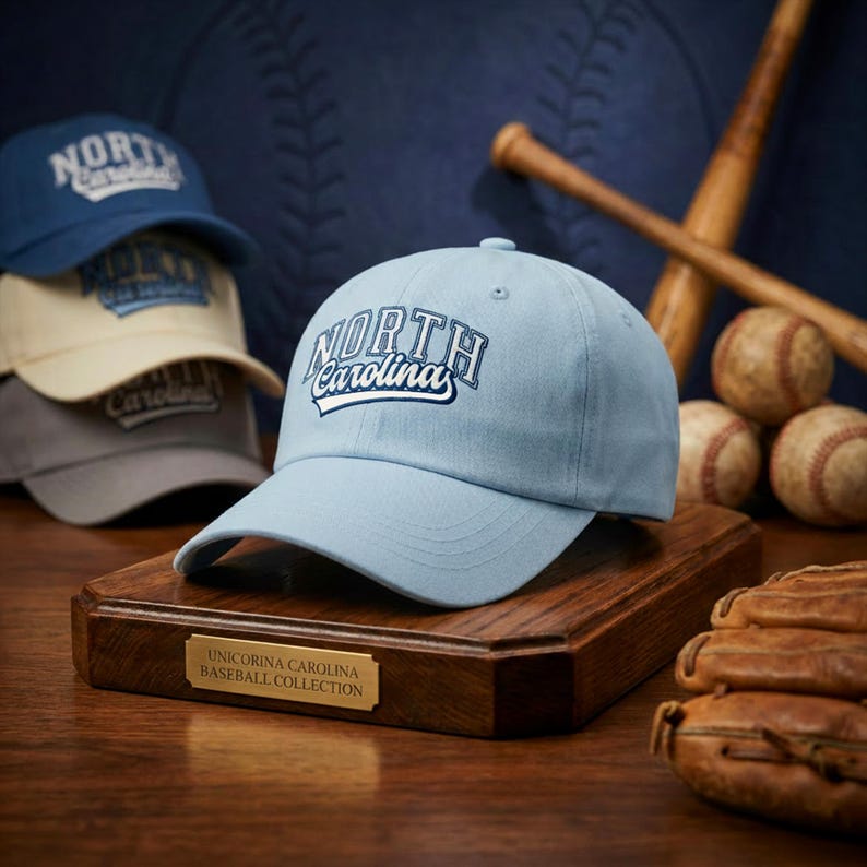 May include: A pale blue baseball cap with "North Carolina" embroidered on the front, presented on a wooden plinth. Additional caps in blue, beige, and grey are stacked behind. Baseball bats, balls, and a glove are in the background. The base has a gold plaque that reads "UNICORINA CAROLINA BASEBALL COLLECTION."