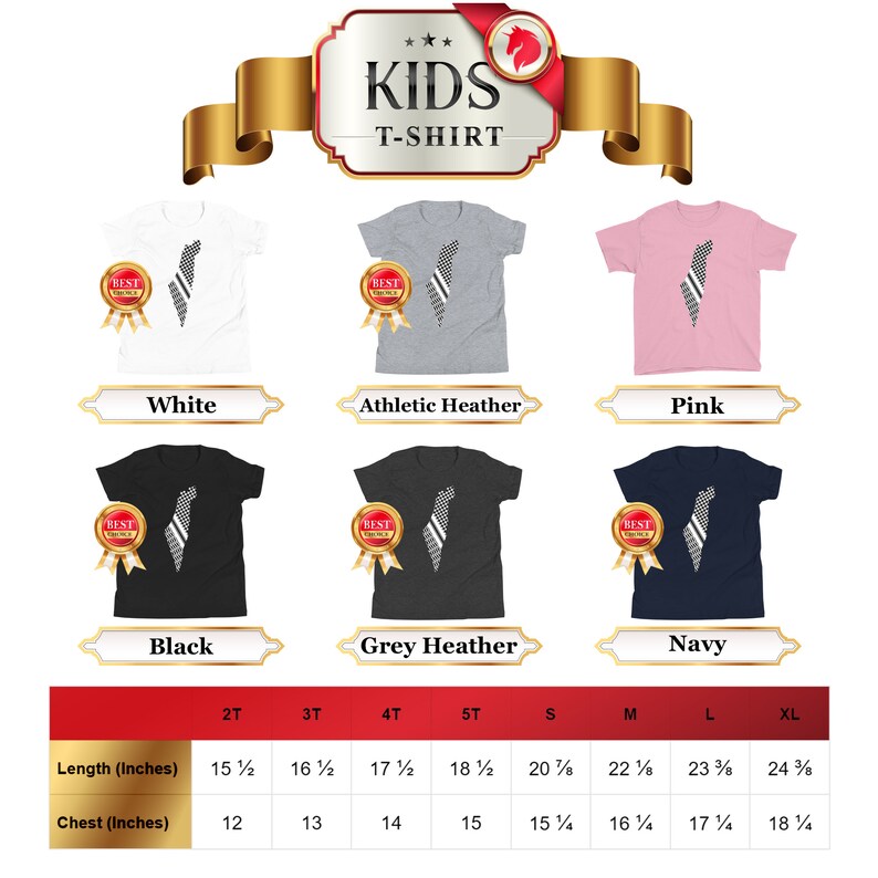 May include: A size chart for kids' t-shirts with a black and white striped design. The chart shows the length and chest measurements in inches for sizes 2T through XL.